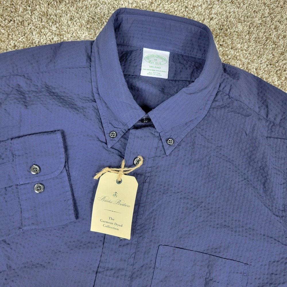 NWT Brooks Brothers Milano Mens Medium Solid Navy Seersucker Button Down LS
